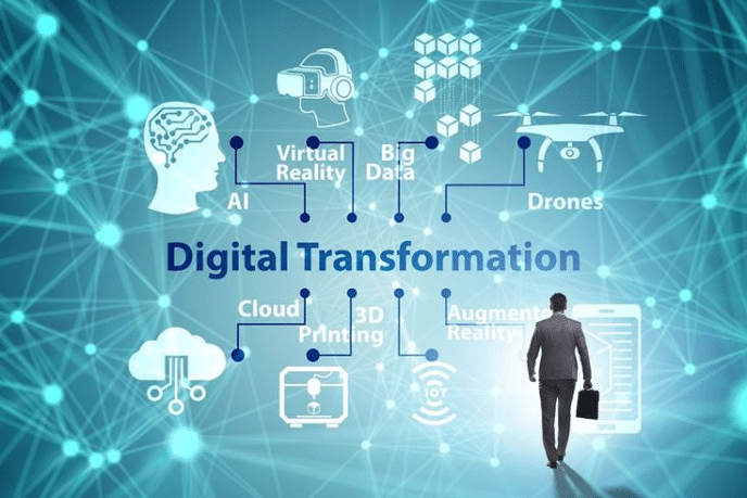 man walking towards a digital transformation