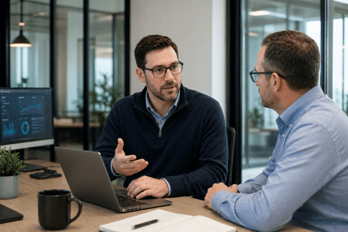 Two men discussing in office setting