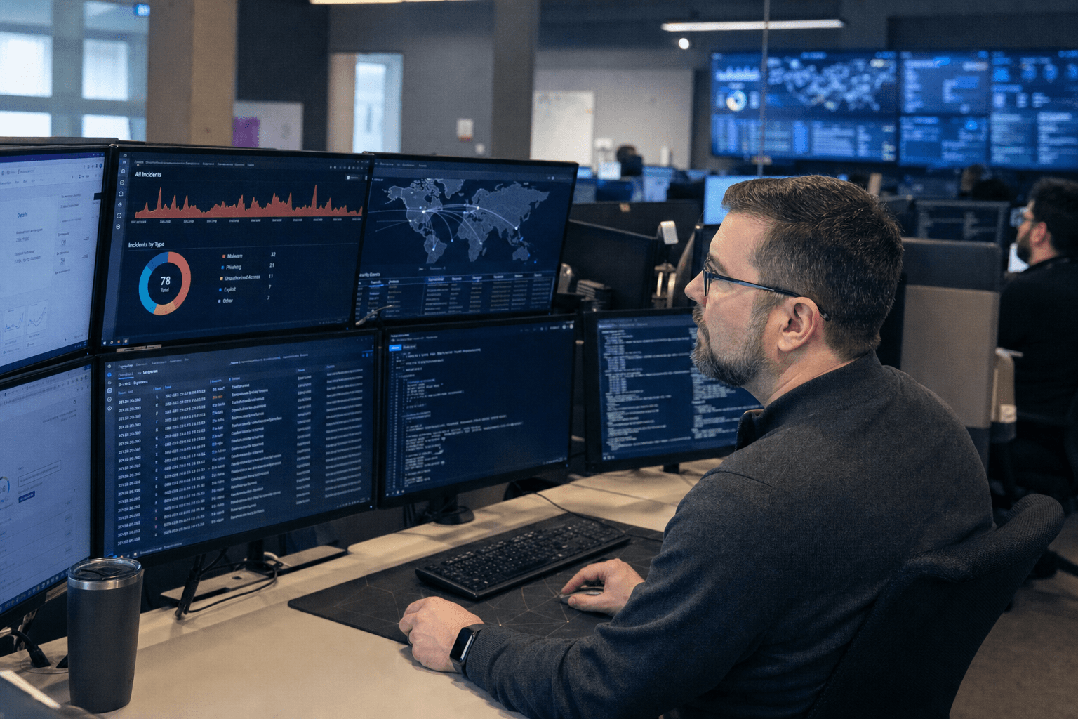 5 Questions to Ask Before Hiring Cyber Security Savannah 1 Security analyst reviewing threat dashboards at SOC workstation