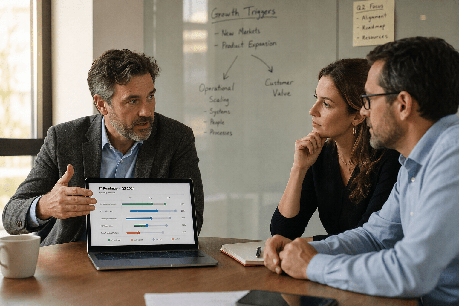 How to Align Your IT Strategy with Your Business Growth Plan 1 Leadership team reviewing IT roadmap during planning session