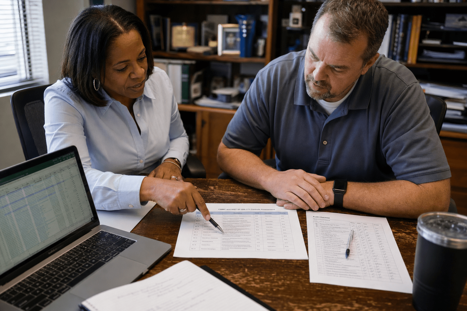 Best CMMC Compliance Consultants in Alabama: A Buyer's Guide 1 CMMC compliance consultant reviewing Alabama assessment with DoD contractor