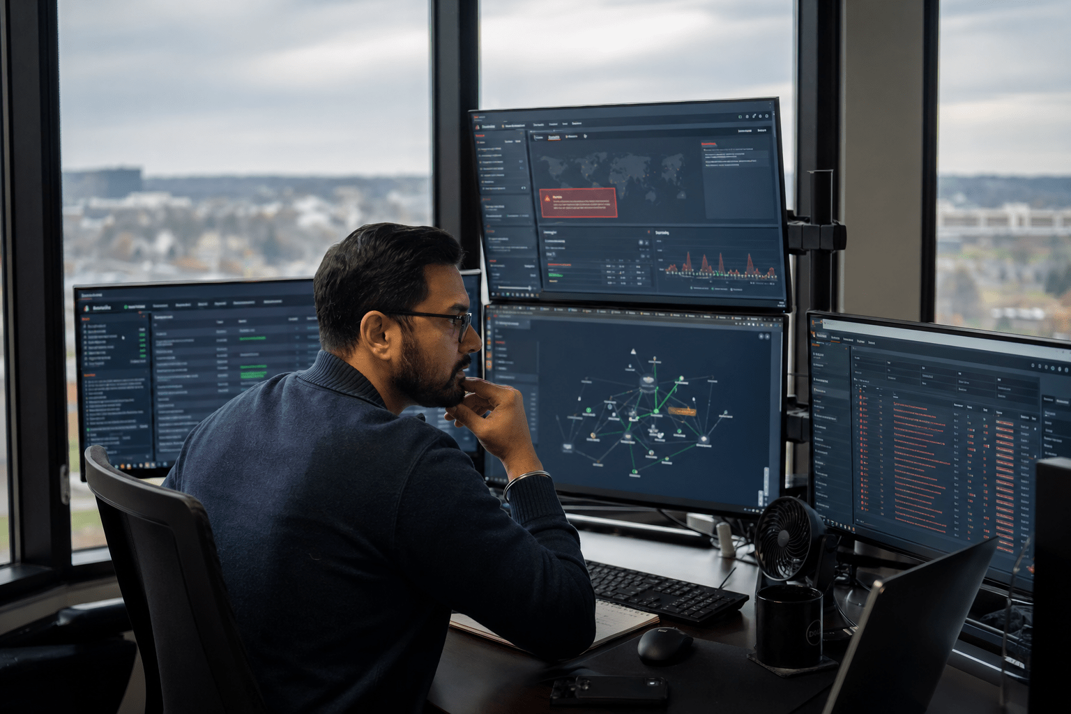 Best Cybersecurity Companies for Insurance Companies in New Jersey 1 Security analyst monitoring threat dashboards at SOC desk