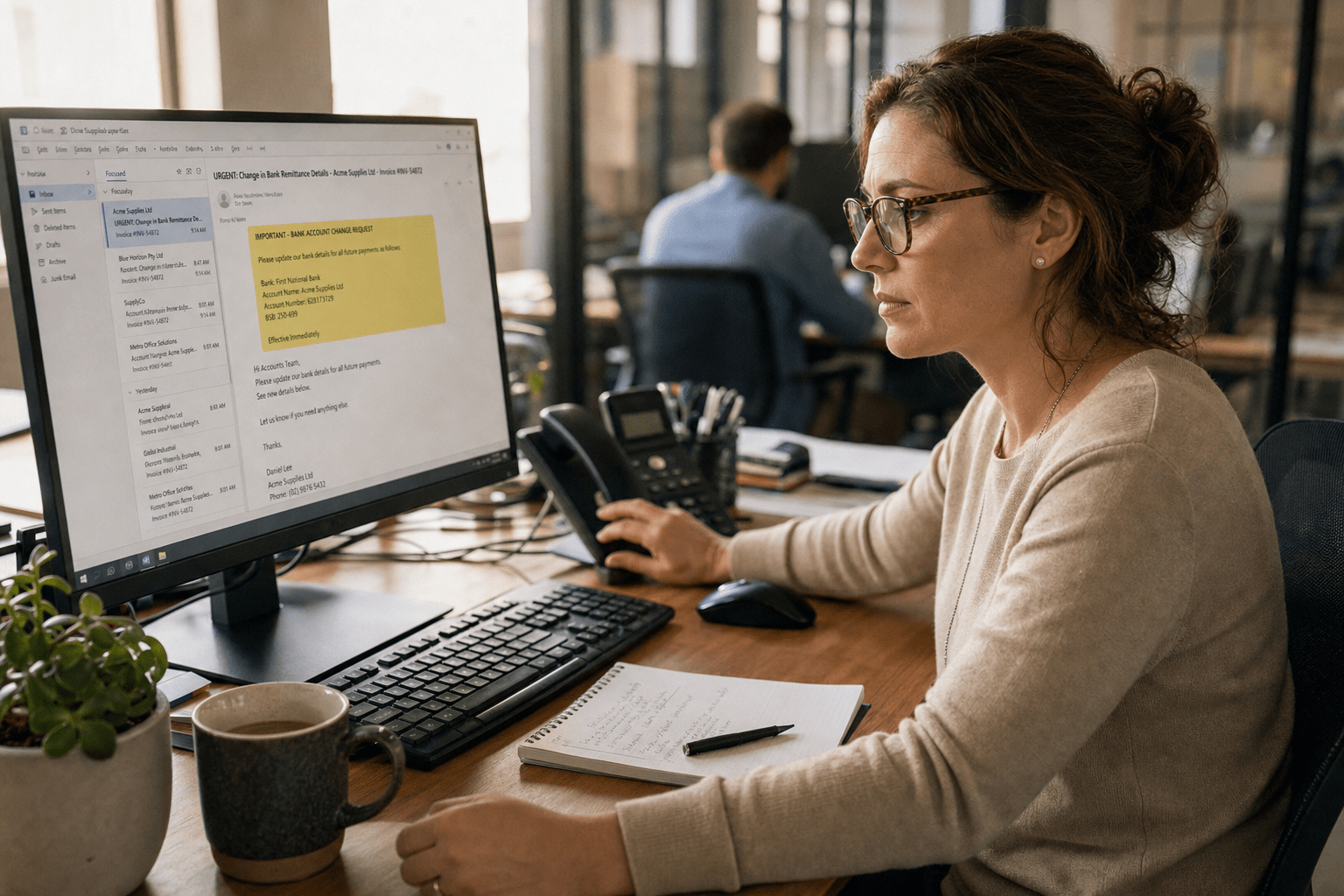 What Is Business Email Compromise and How Do You Prevent It? 1 Finance professional reviewing flagged vendor invoice email