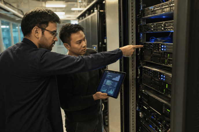 engineers reviewing cloud migration steps at server rack