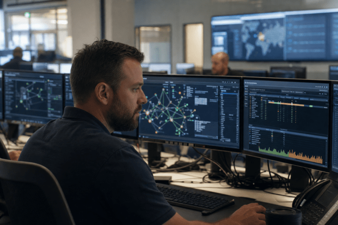 Security analyst reviewing threat dashboards at SOC workstation