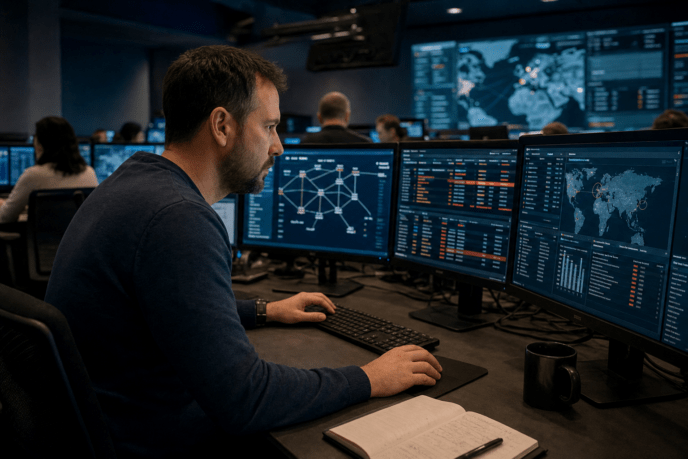 Security analyst monitoring cyber threat dashboards in SOC
