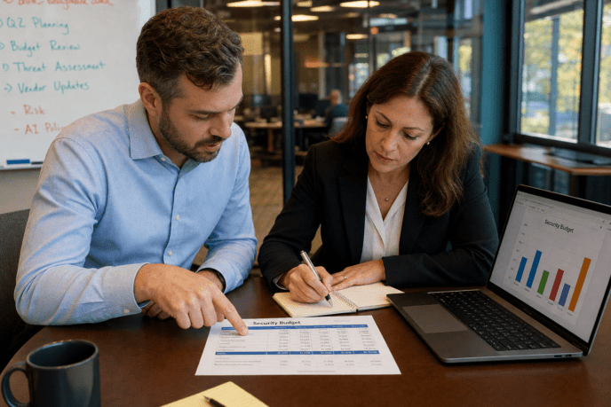 Small business team reviewing cybersecurity budget spreadsheet