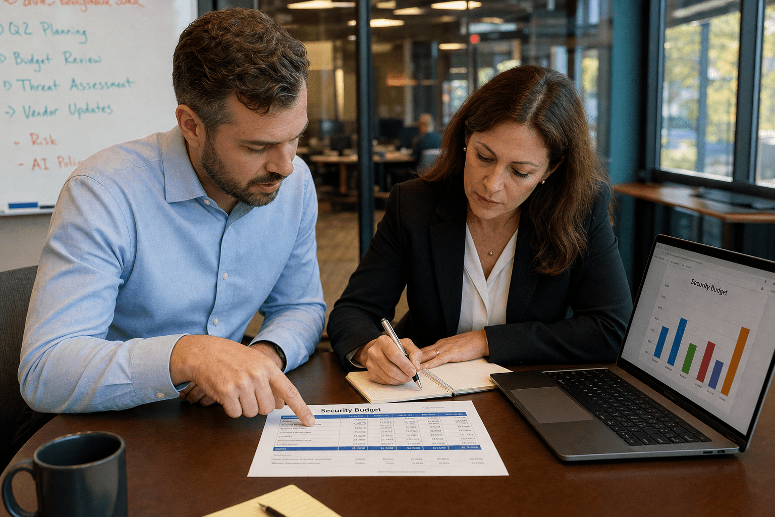 How to Build a Cybersecurity Budget for a Small Business 1 Small business team reviewing cybersecurity budget spreadsheet