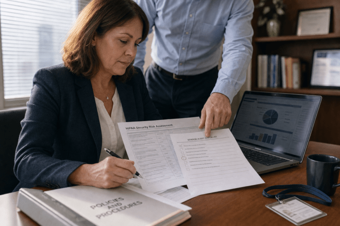 Healthcare compliance officer reviewing HIPAA audit checklist for Alabama cybersecurity vendor