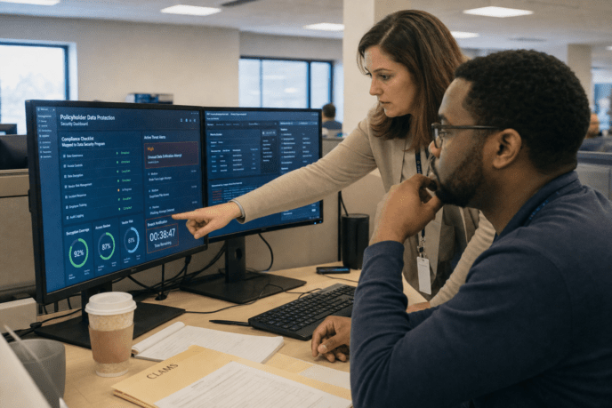 Analyst reviewing insurance compliance security dashboard