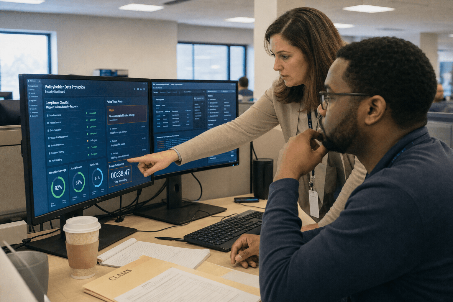 Best Cybersecurity Companies for Insurance Companies in South Carolina 1 Analyst reviewing insurance compliance security dashboard
