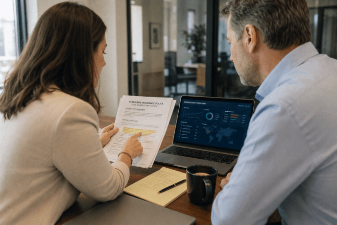 professionals reviewing cybersecurity insurance policy document