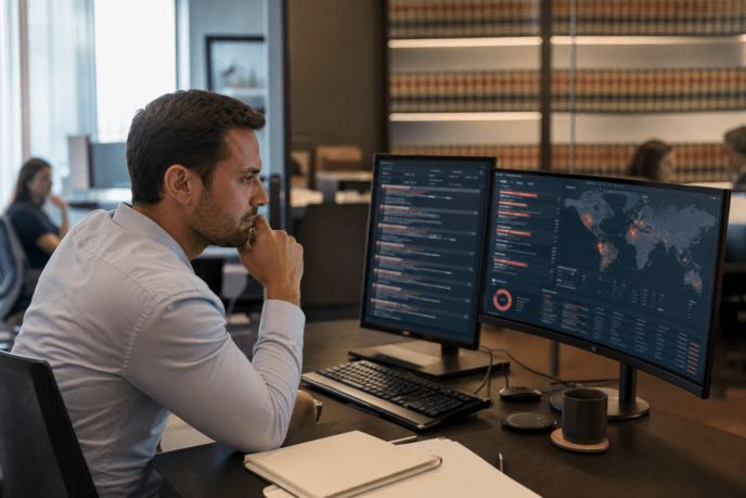 Security analyst reviewing a dark web monitoring dashboard with credential-exposure and threat alerts at a law firm security operations desk