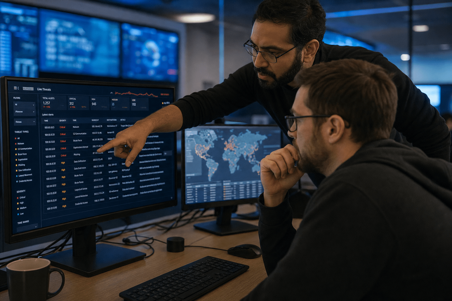 What Is Dark Web Monitoring and How Does It Protect Your Business? 1 cybersecurity team reviewing dark web monitoring alerts