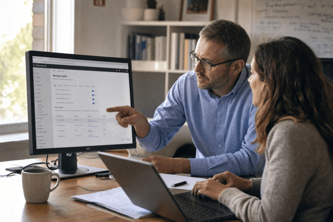 Two professionals reviewing email encryption settings on a monitor