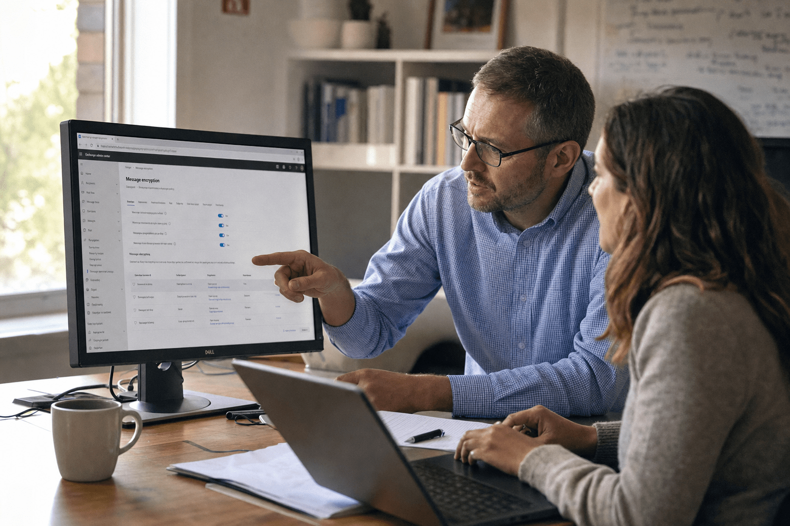 What Is Email Encryption and How Does It Work for Businesses? 1 Two professionals reviewing email encryption settings on a monitor