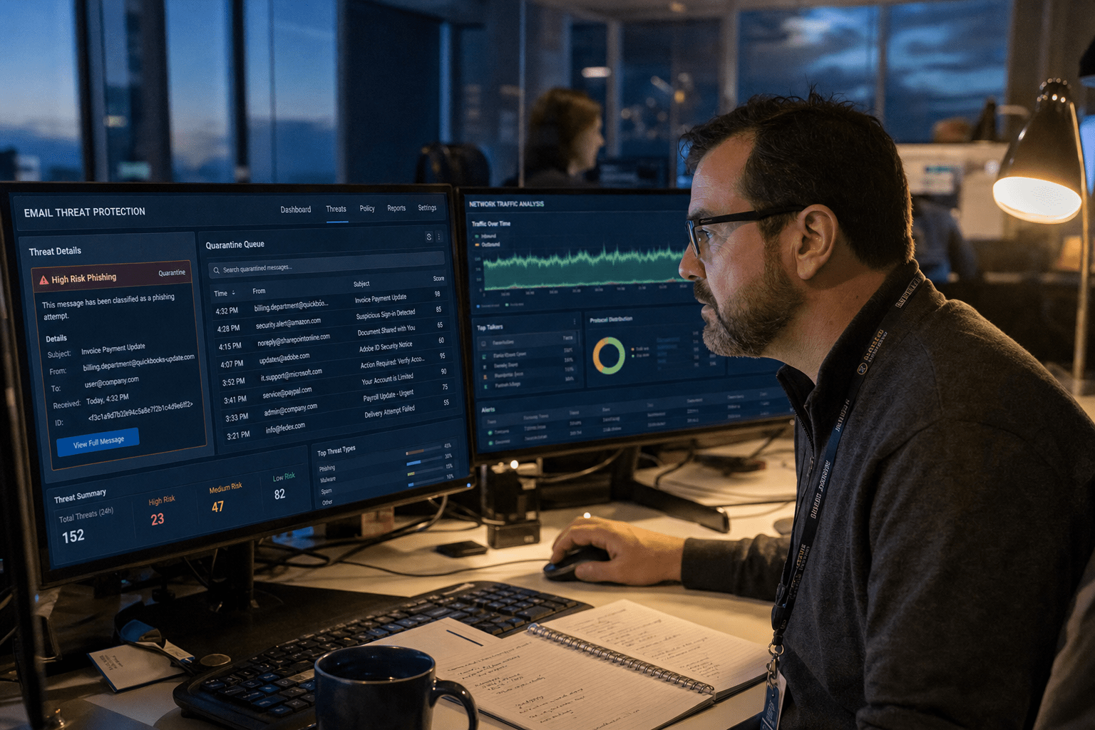 Why Email Is Still the Number One Cybersecurity Threat Vector 1 Security analyst reviewing email threat dashboard at SOC desk