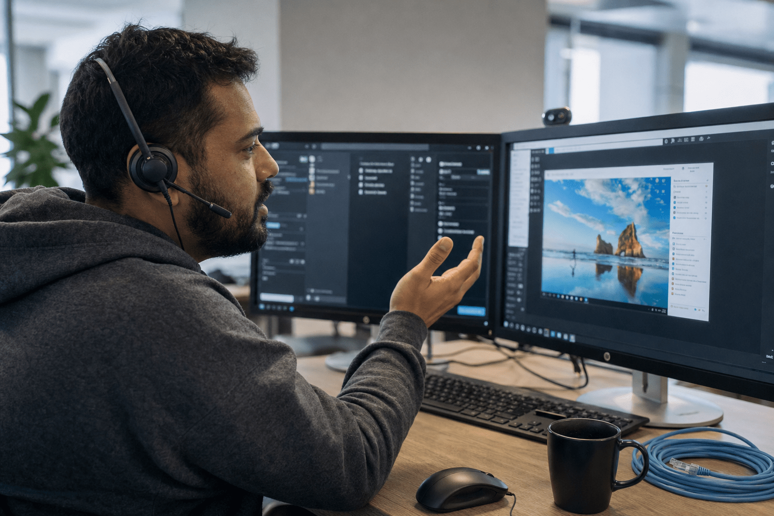 How Remote IT Support Works and When It Is Enough 1 Remote IT technician on headset using screen-share tools
