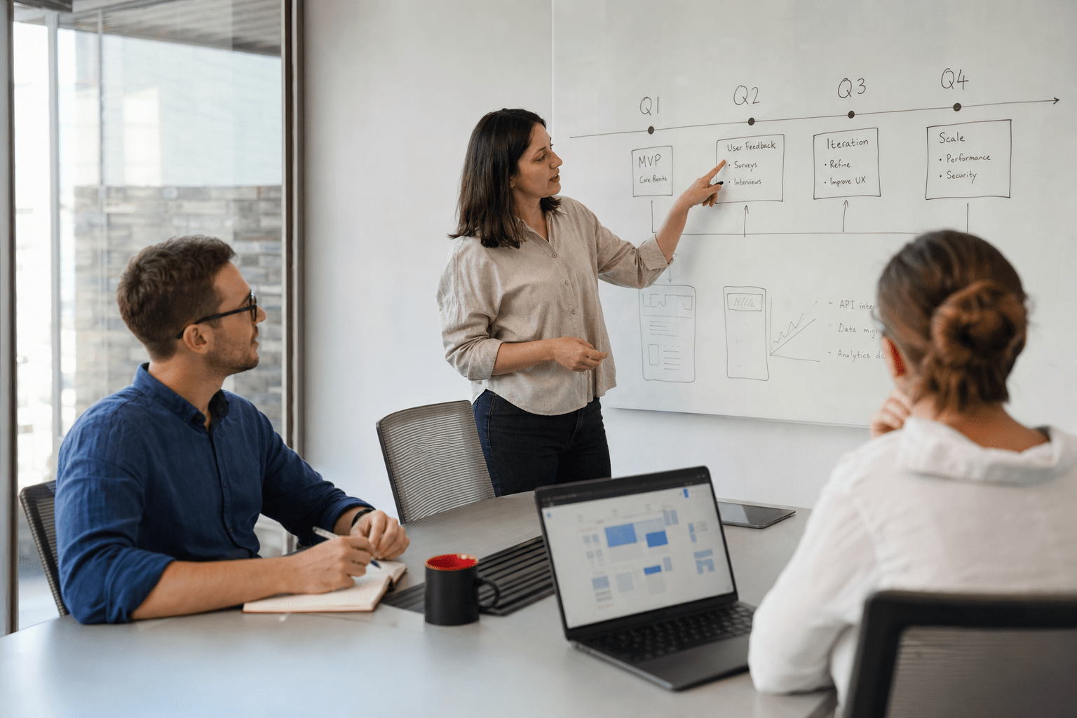 How Small Businesses Can Build a Technology Roadmap 1 Team reviewing technology roadmap timeline in office