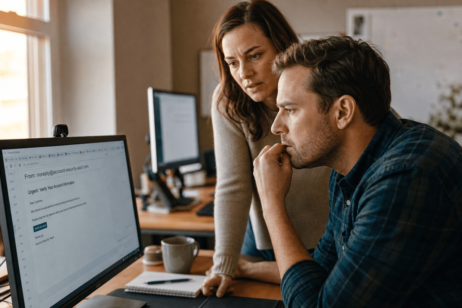 How to Spot a Phishing Email Before It Is Too Late 1 Employee checking a suspicious phishing email onscreen