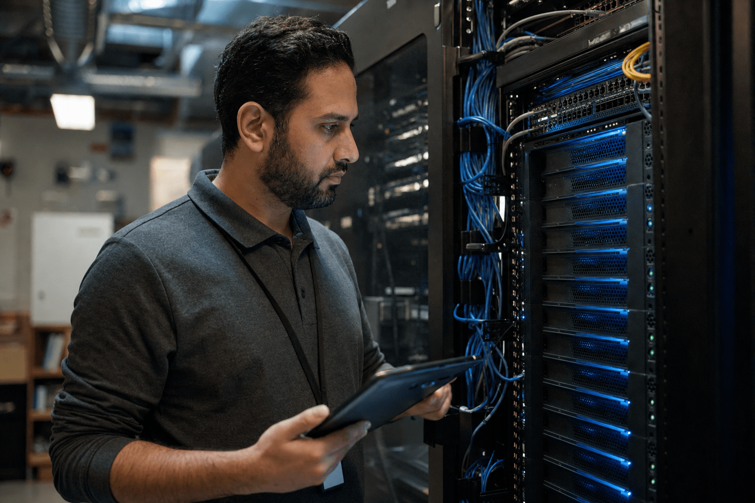 Infrastructure Services: Complete 2026 Guide for SMBs 1 IT engineer with a tablet beside a server rack with blue-lit network switches, reviewing infrastructure services for an SMB