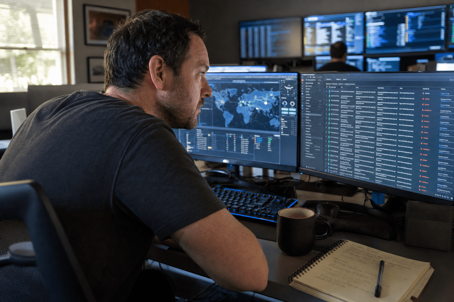 In-House vs Cybersecurity Boca Raton: Pros, Cons, Real-World Tradeoffs 1 Security analyst monitoring cybersecurity dashboards in Boca Raton