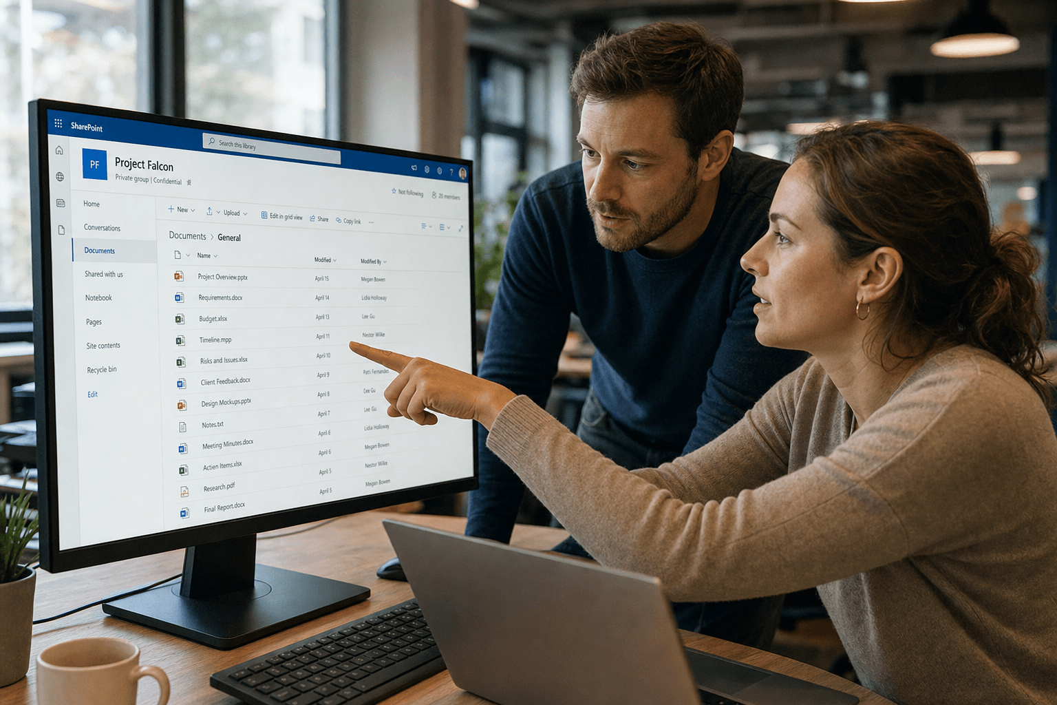 In-House vs Microsoft Sharepoint Consultant: Pros, Cons, Real-World Tradeoffs 1 Two coworkers at a desk reviewing a Microsoft SharePoint site on a monitor while deciding between an in-house admin and a consultant