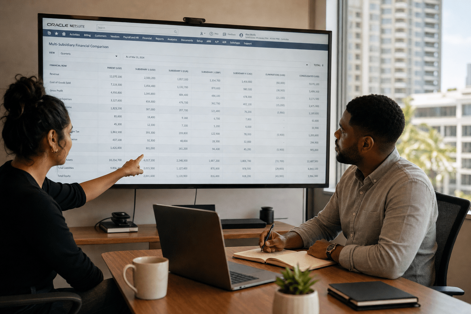In-House vs Netsuite Miami: Pros, Cons, Real-World Tradeoffs 1 Team reviewing NetSuite Miami dashboard on monitor