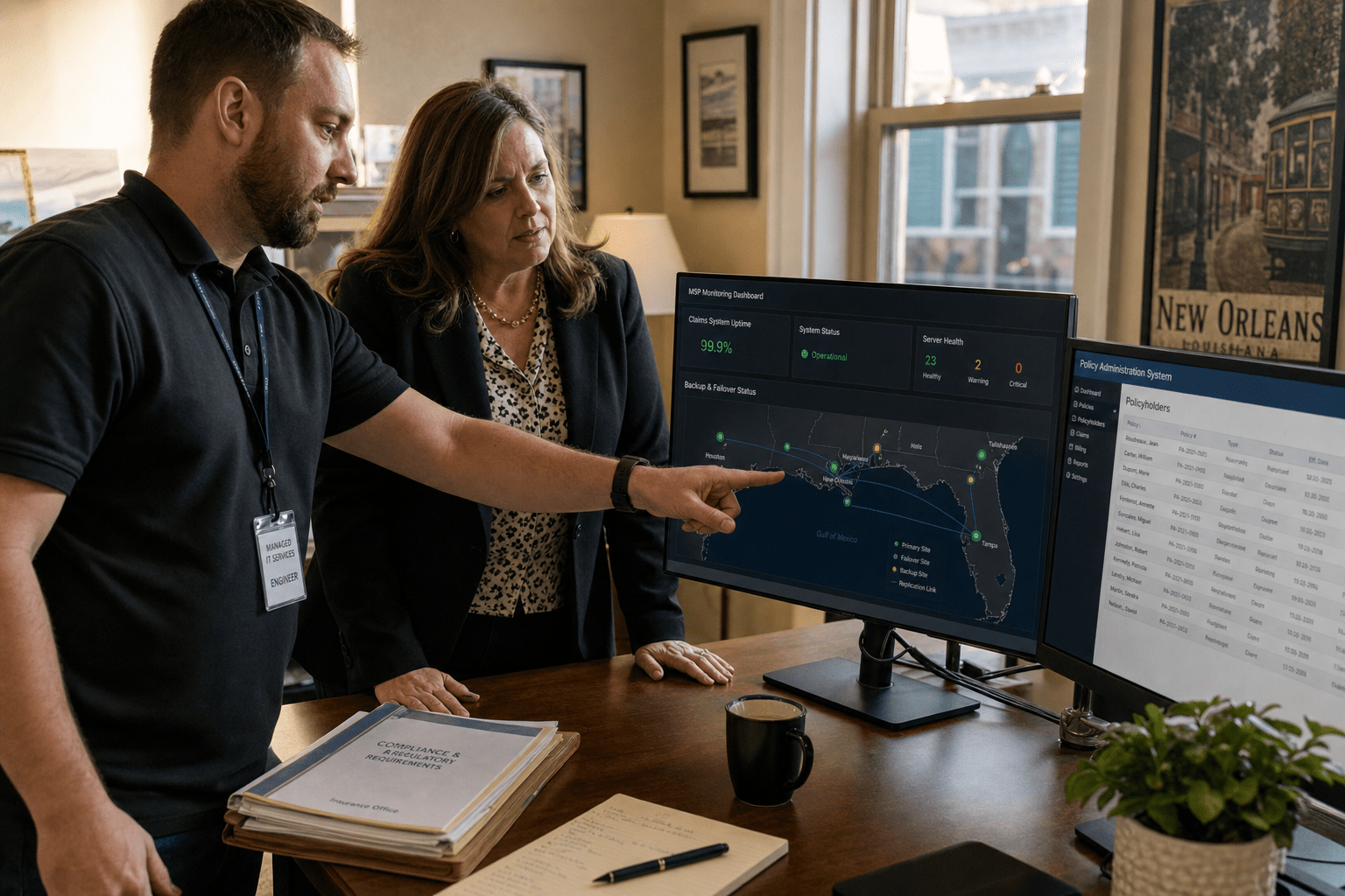 Best Managed IT Service Providers for Insurance Companies in Louisiana 1 Managed IT team reviewing insurance claims dashboard