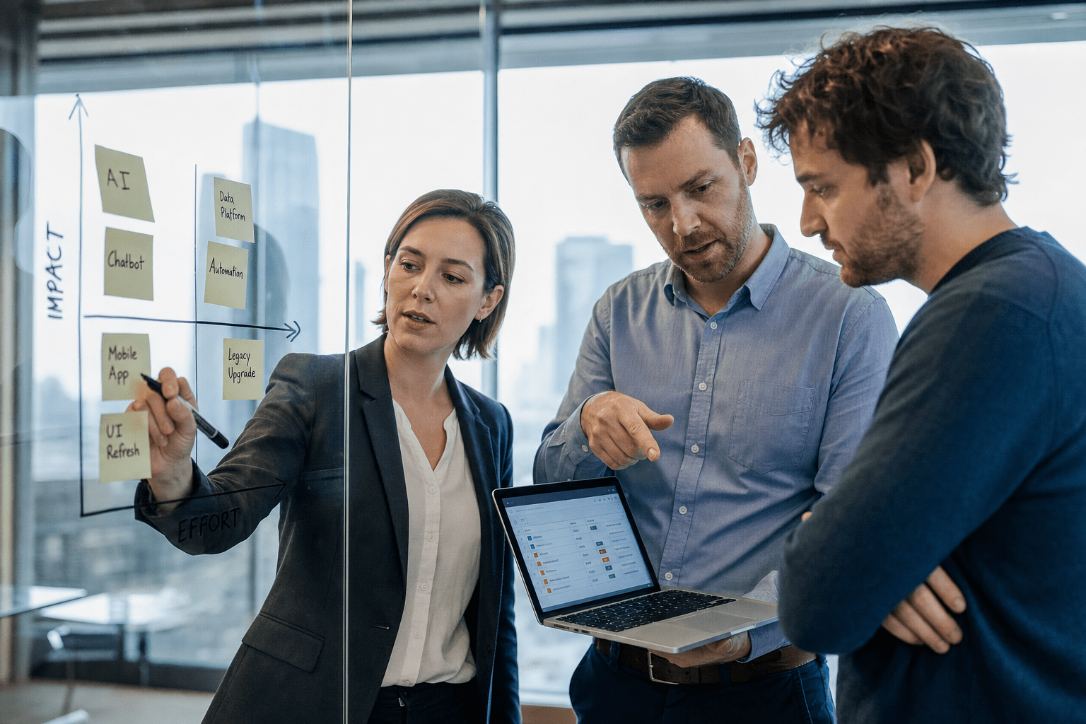 How to Prioritize IT Projects When Resources Are Limited 1 Three professionals at a whiteboard ranking IT projects on an impact versus effort matrix with sticky notes and a laptop project board