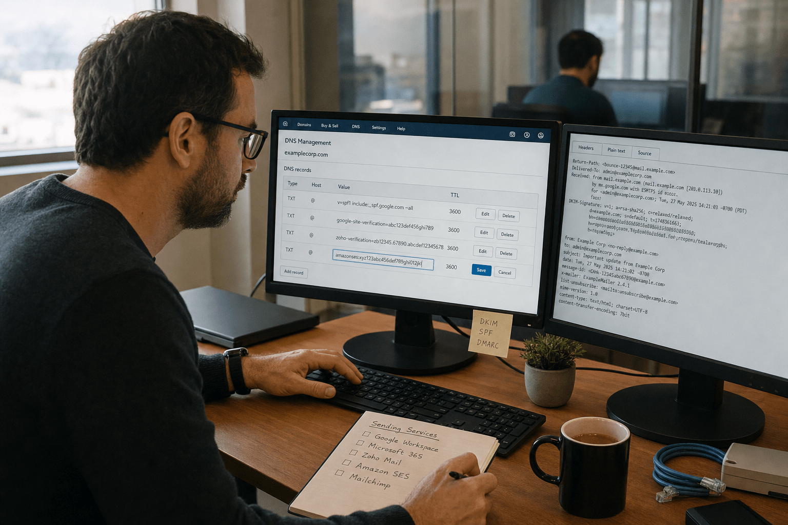 How to Set Up DMARC, DKIM, and SPF for Your Business Domain 1 IT admin configuring DNS TXT records for email authentication
