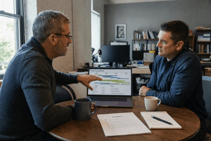 Virtual CIO advising small business owner on IT strategy