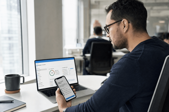 IT professional reviewing BYOD conditional access prompt on smartphone
