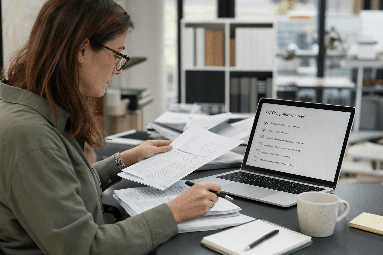 What Is PCI DSS and Who Is Required to Comply? 1 Compliance officer reviewing PCI DSS checklist documents