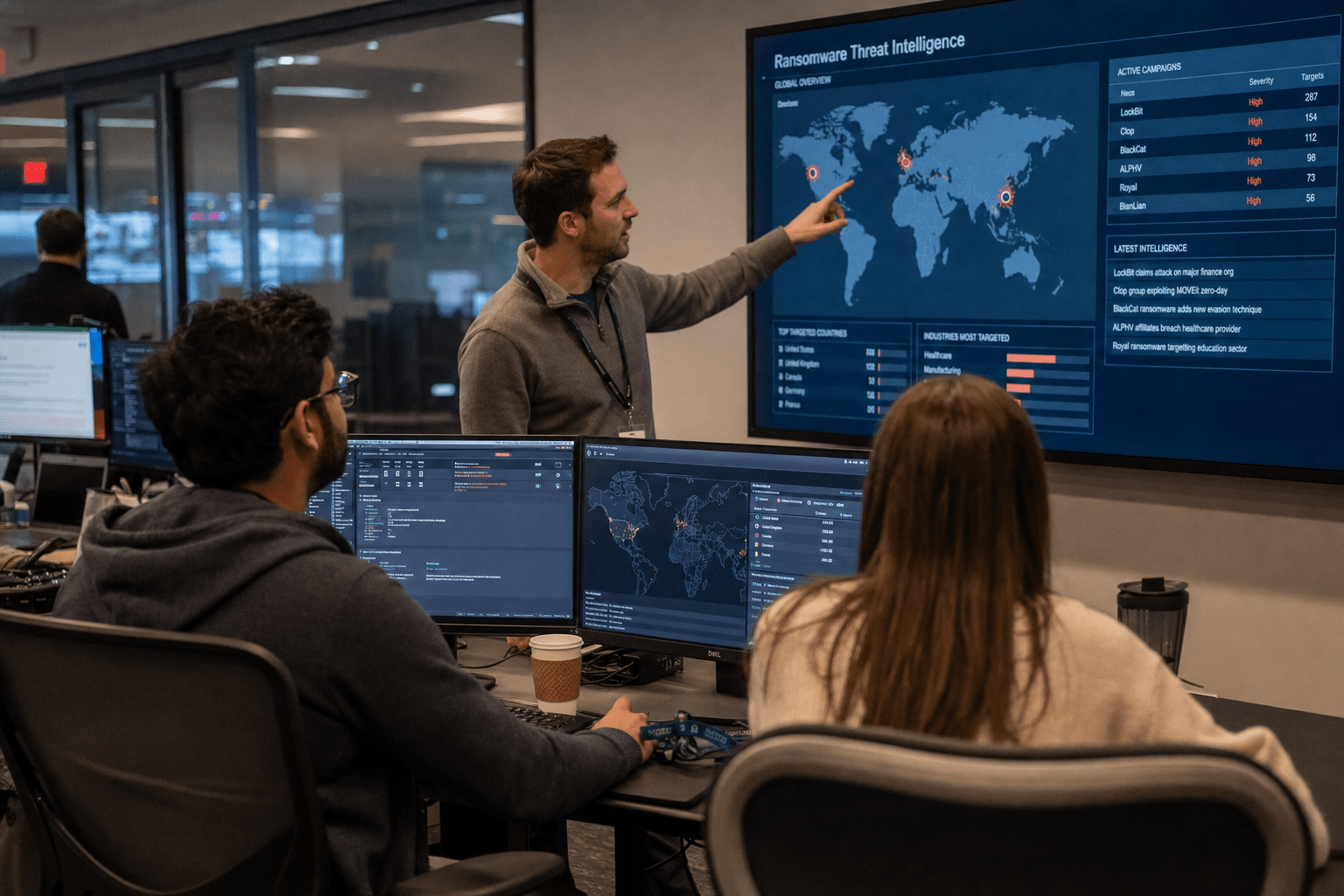 What Is Ransomware-as-a-Service and How Has It Changed Cybercrime? 1 Security team reviewing ransomware threat dashboard in SOC