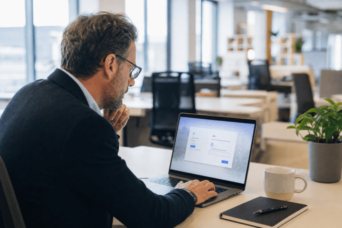 Professional viewing SSO login portal with MFA prompt