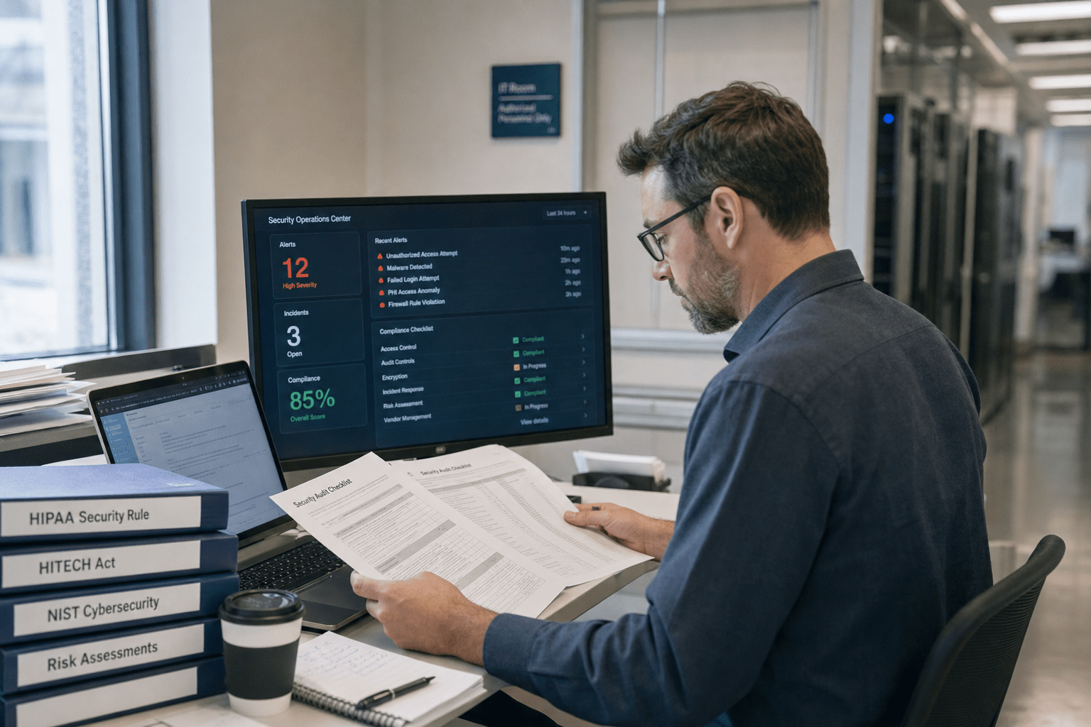 Why Medical Centers Are a Top Target for Ransomware Attacks 1 Healthcare IT professional reviewing security compliance documents at desk