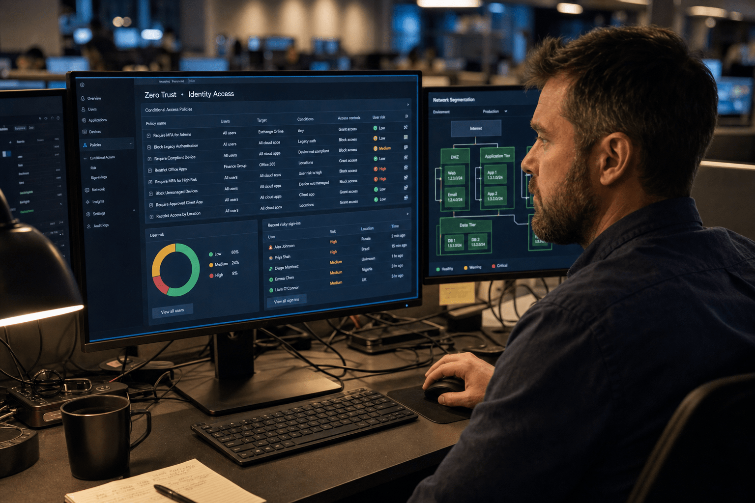 Best Zero Trust Security Providers for Mid-Size Businesses 1 Analyst reviewing zero trust access dashboard at SOC desk