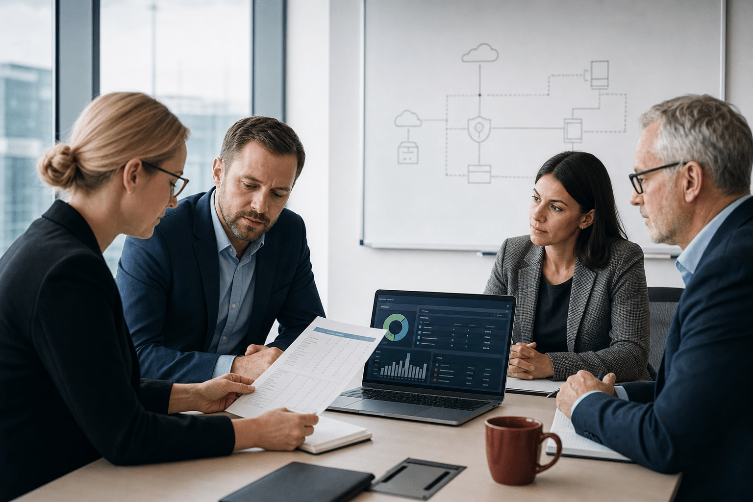 CMMC Level 2 Compliance Cost: A 2026 SMB Budget Guide 1 Defense contractor team reviewing CMMC Level 2 compliance budget figures