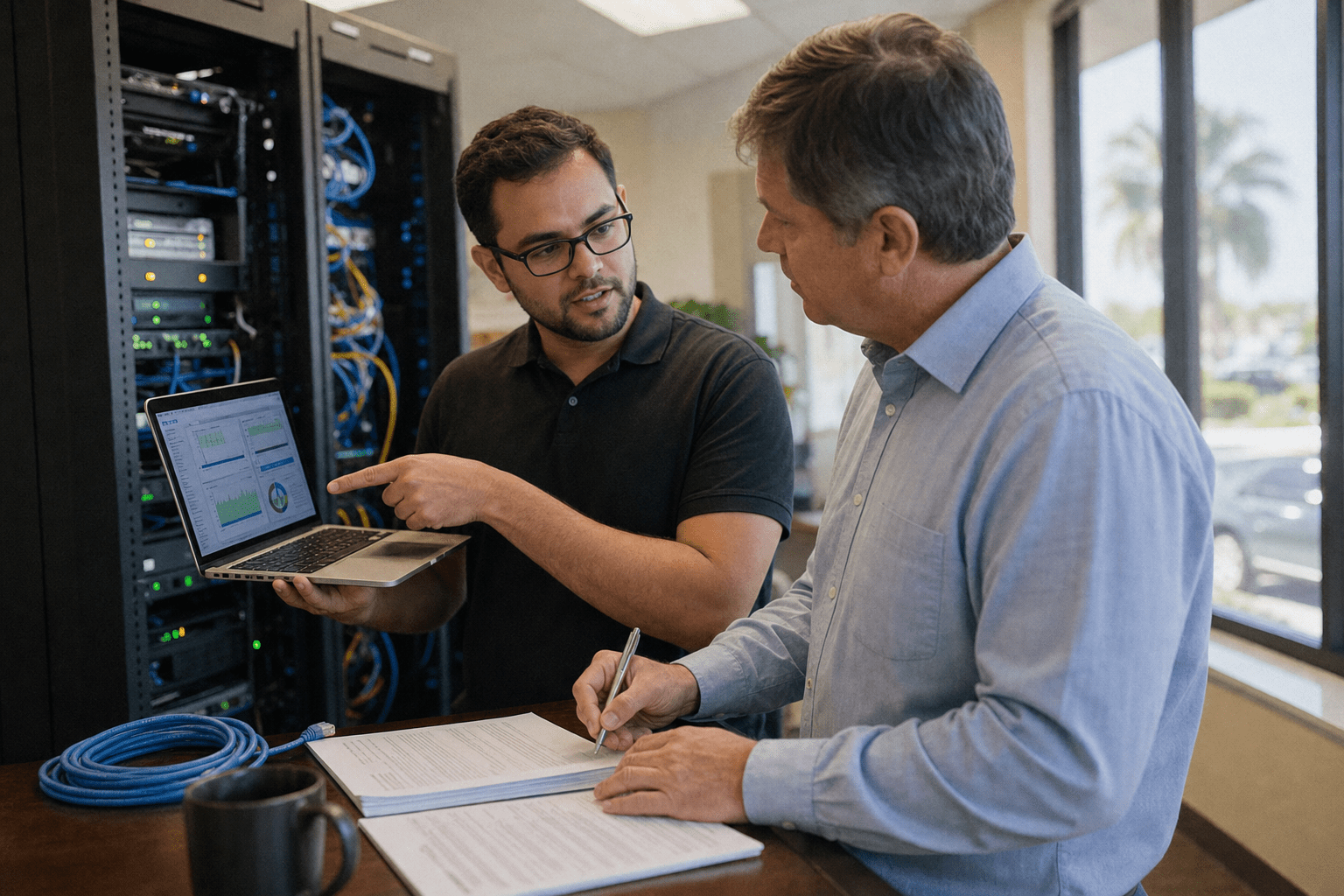 How to Choose Managed IT Support Companies in Florida 1 Florida managed IT support technician and client