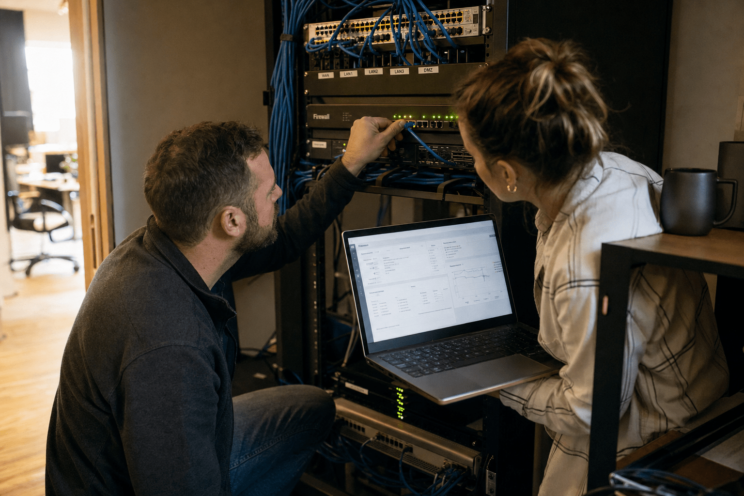 How to Choose the Right Firewall for a Small Business 1 Technician installing small business firewall appliance
