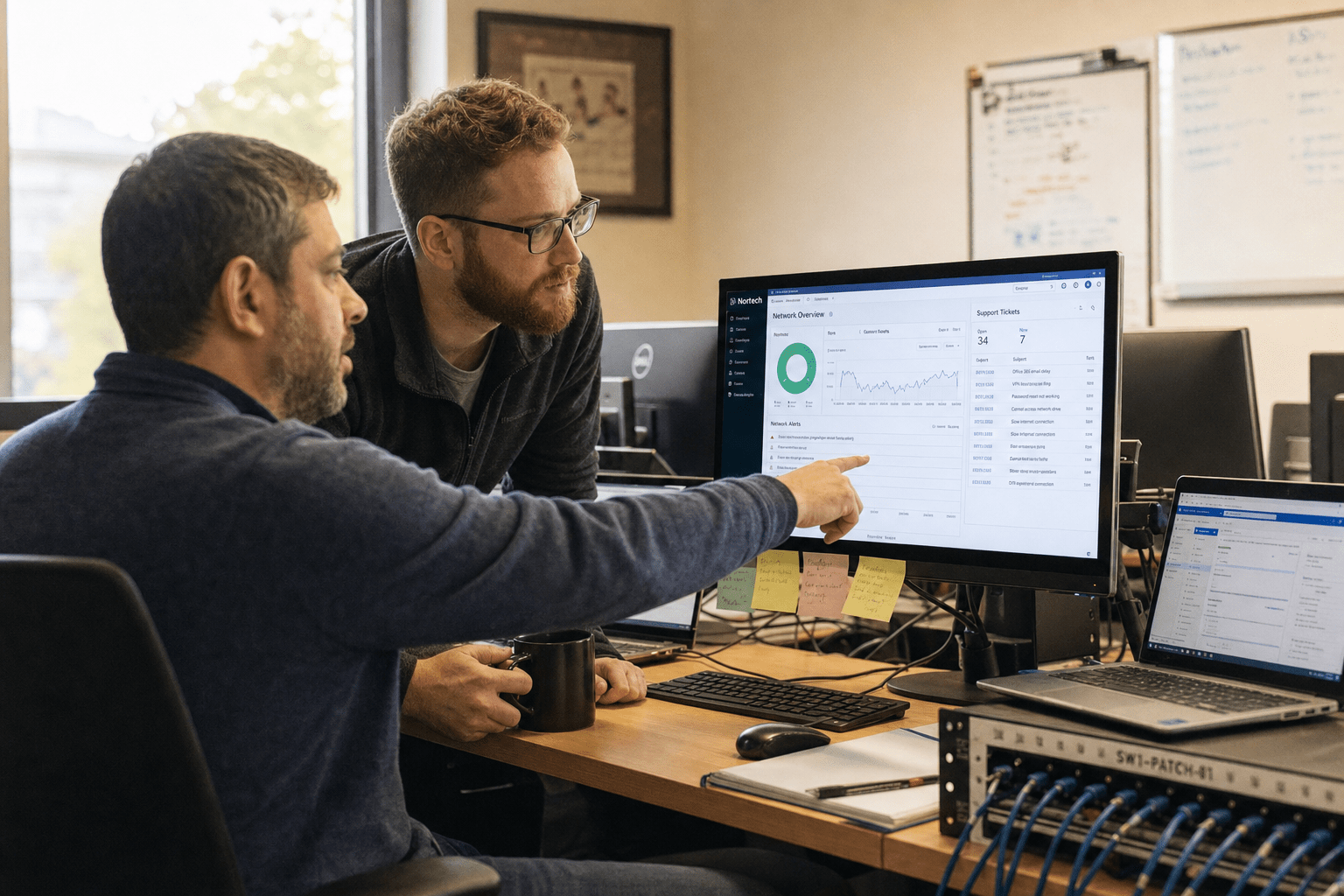Crucial Steps to Choosing the Right Co-Managed IT Partner 1 Internal and co-managed IT partner team reviewing dashboard