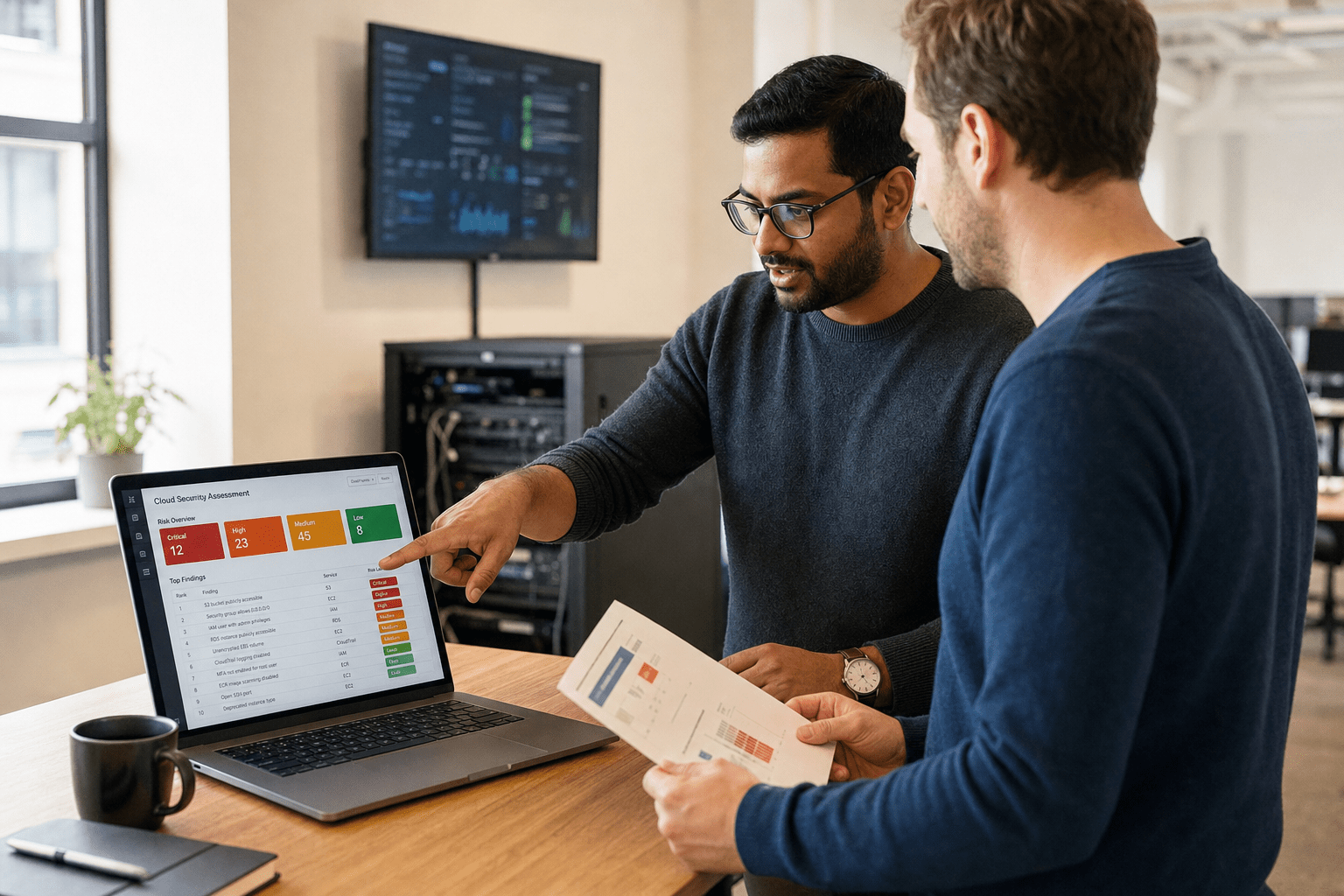 Cloud Security Assessments: Find Risk Before Your Help Desk 1 Team reviewing cloud security assessment risk dashboard