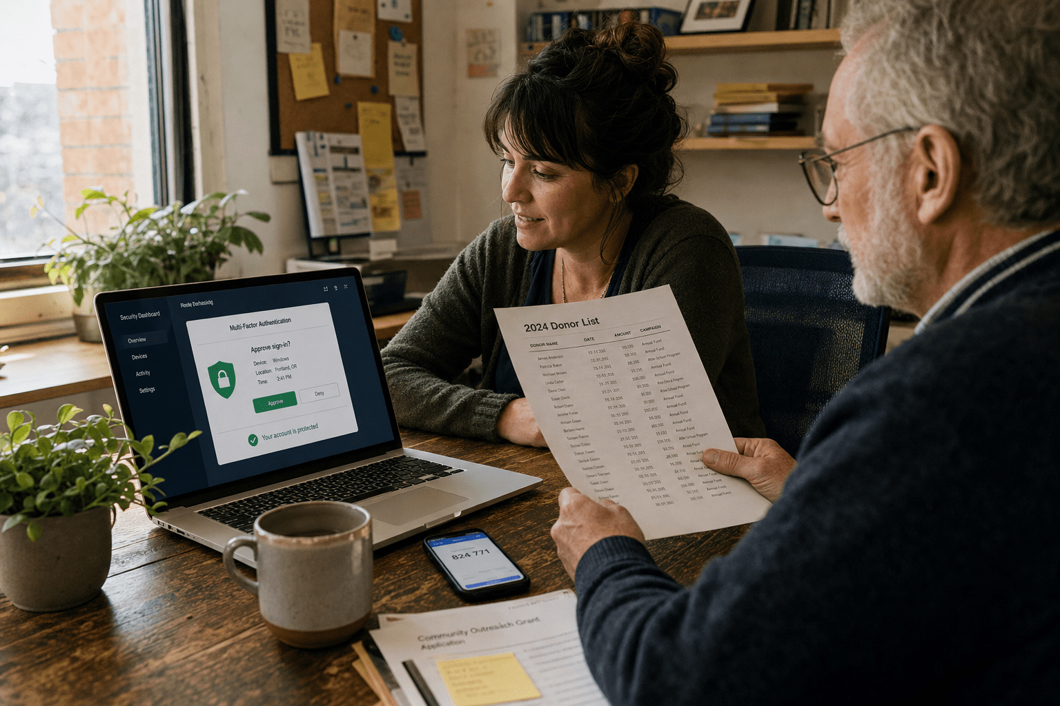 Start Cybersecurity for Nonprofits Before the Breach Hits 1 Nonprofit staff reviewing cybersecurity dashboard
