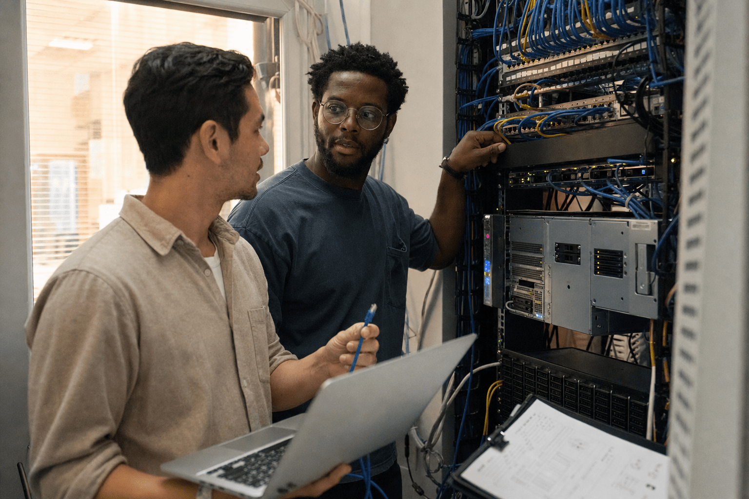 IT Infrastructure Support: Stop Downtime Before It Starts 1 technicians maintaining server rack infrastructure