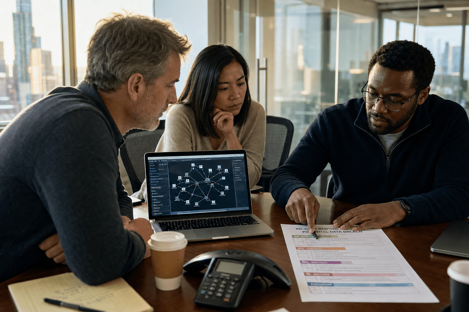 Best Incident Response Firms for Financial Services Data Breaches 1 Financial firm incident response team reviewing breach checklist