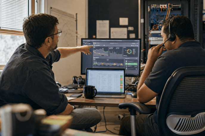 IT support technicians monitoring systems at desk