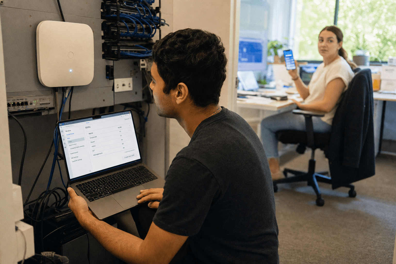 How to Build a Secure Guest Wi-Fi Network for Your Office 1 Technician configuring secure office guest Wi-Fi network