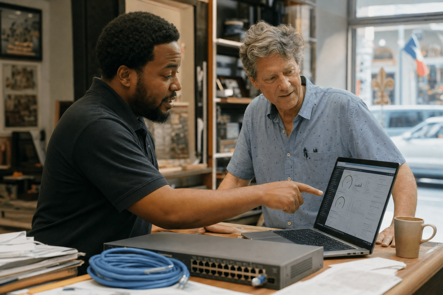 Top IT Support Companies in New Orleans for SMBs 1 New Orleans IT technician helping small business owner