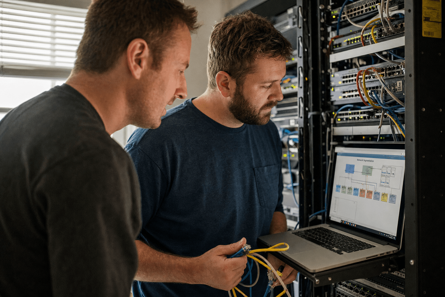What Is VLAN Segmentation and How Does It Improve Security? 1 Network engineer configuring VLAN segmentation on server rack